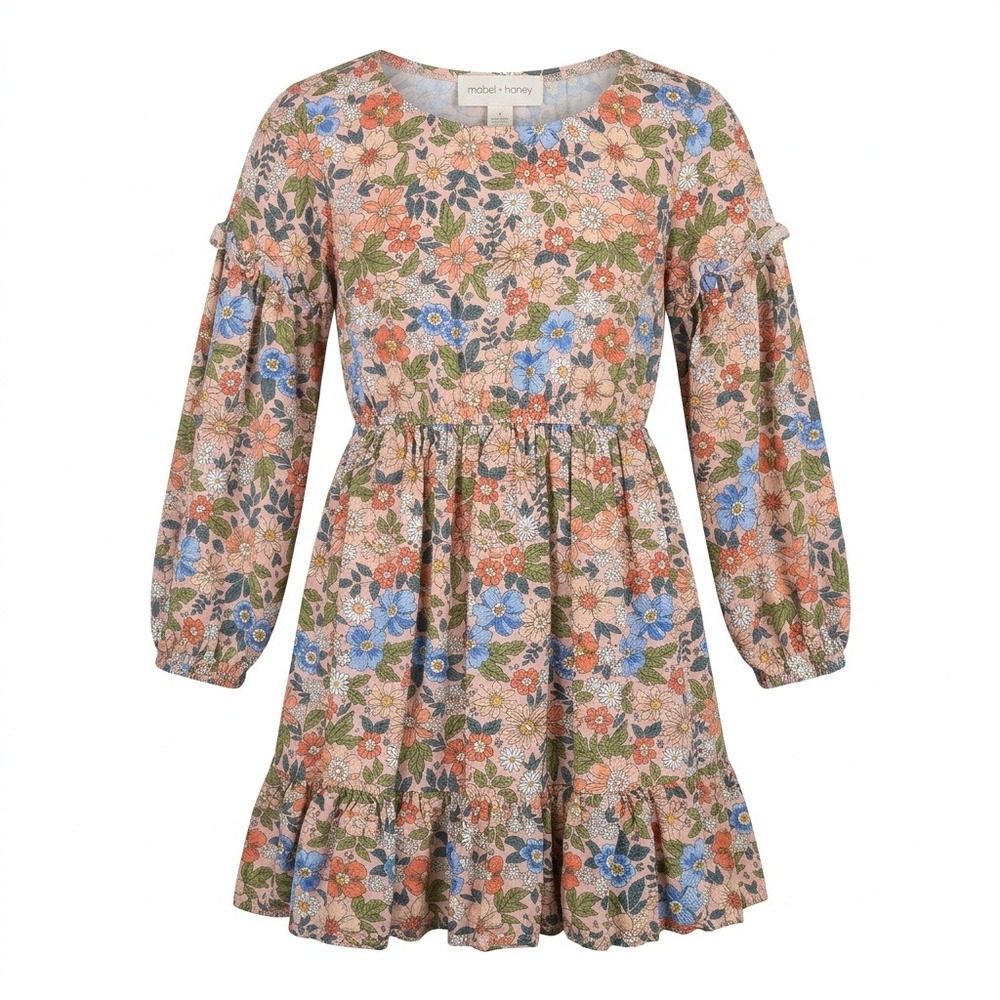 Mabel + Honey Girls Floral Long Sleeve Ruffle Dress Pink Blue Size 10